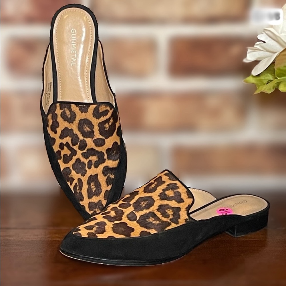 Gunmetal Carlen Animal Print Mule Flats Size 8.5